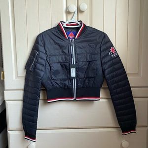 Moose Knuckles cropped bomber jacket, size small, black